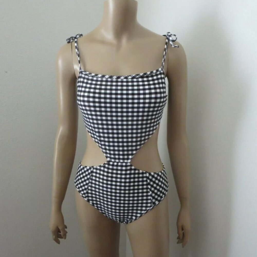 NWT Abercrombie Gingham One Piece Swimsuit Cutout Navy Blue White Plaid Size S M
